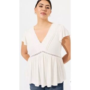 Torrid Plus Size White Knit V-Neck Lace Inset Babydoll Top, Size‎ 1/1X